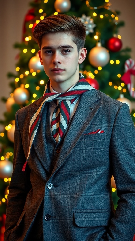 Young man in a stylish Christmas outfit with a blazer and festive accessories near a decorated Christmas tree.